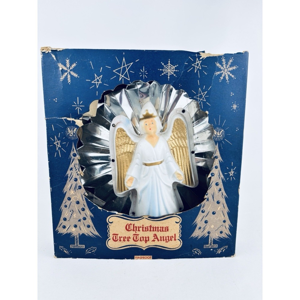 Vintage Aluminum Foil Vacuform Angel Christmas Tree Topper with Box MCM Light Up